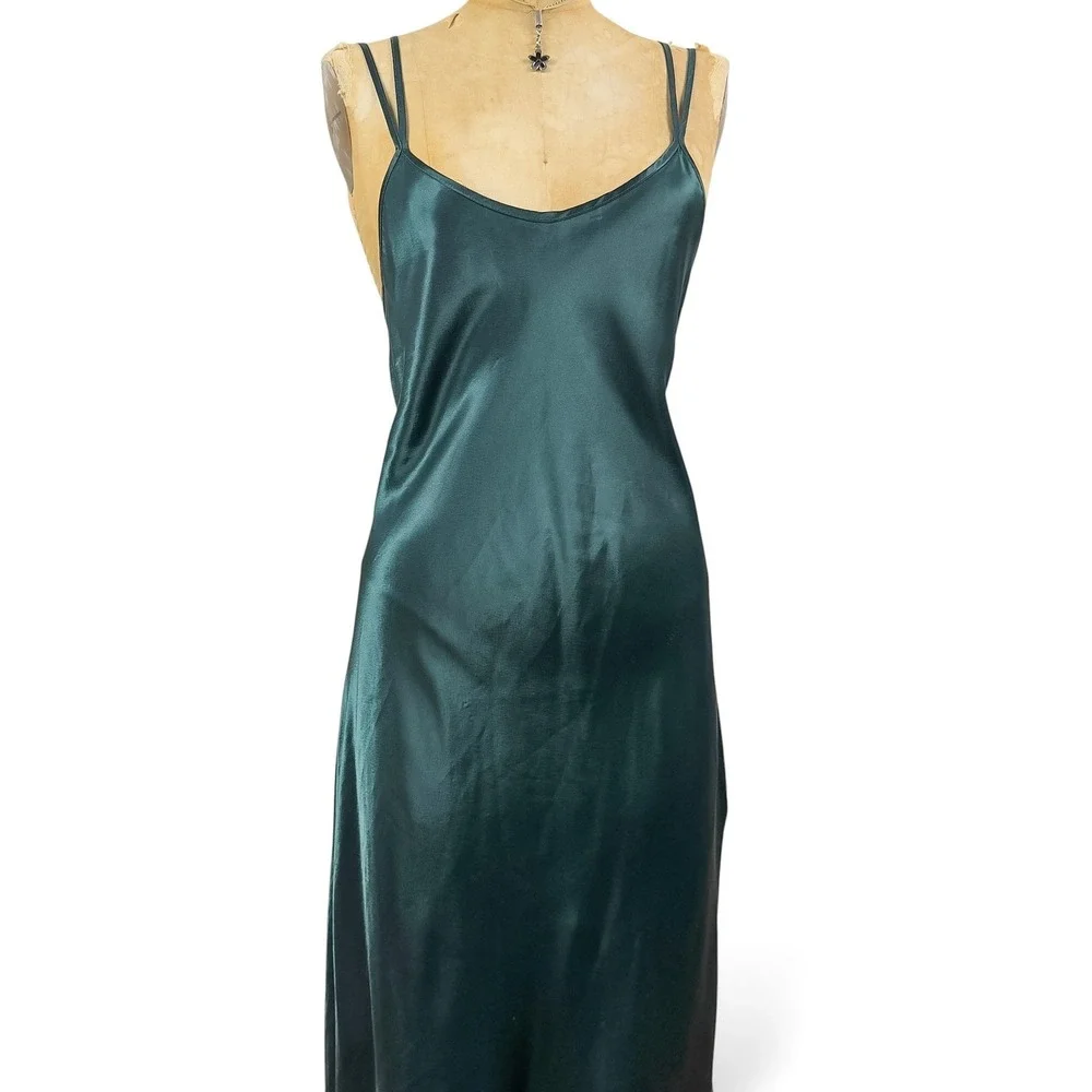 90's Emerald Maxi Slip Dress Strappy Low Back Glam Evening Matallic Size M - Picture 13 of 14